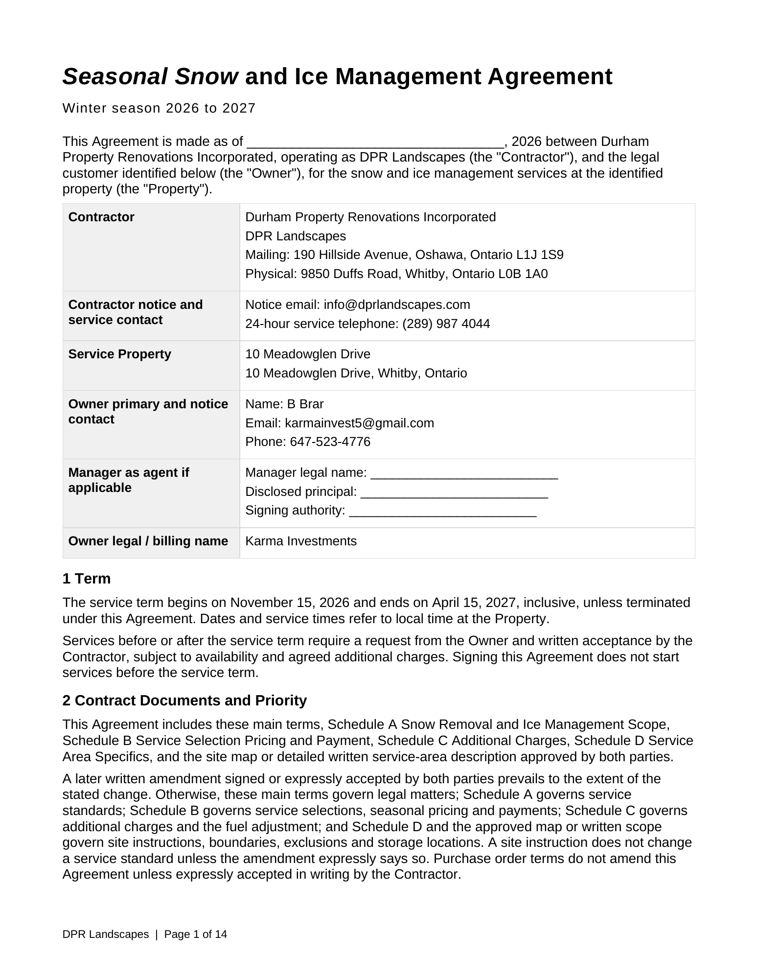 First page of the 10 Meadowglen winter service agreement for 10 Meadowglen Drive