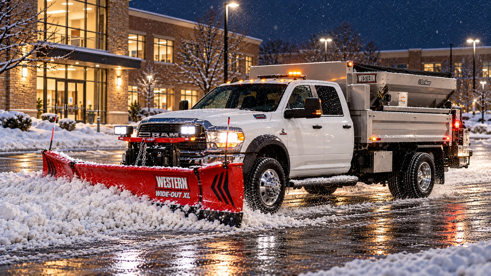 Snow-service illustration of a RAM 5500 with a plow and salt spreader